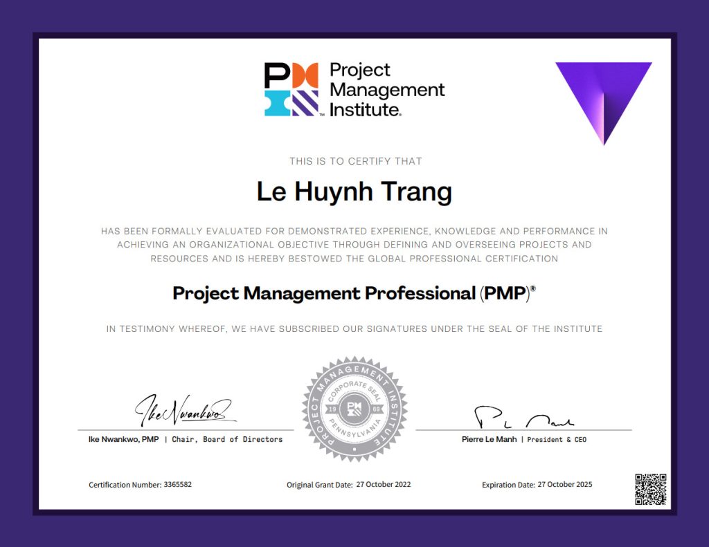 PMP Certification #3365582 of Ms. Trang PMP